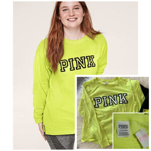 Y2k Victoria's secret PINK T shirt Small Campus Neon Yellow Block Spell-out Nwt